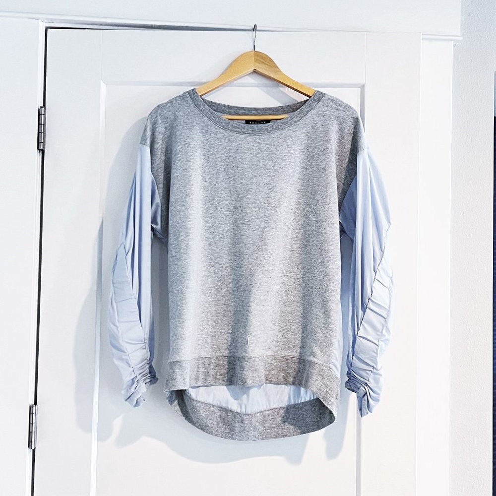 Trouve Academia Shirred Cotton Pinstripe Oxford & Sweater Top Tunic S